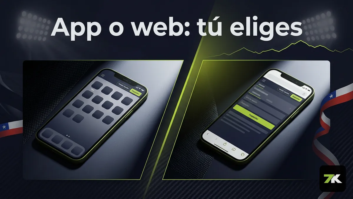 Comparación entre la app y la web móvil de Bet7k en Chile, dos mockups de celular lado a lado