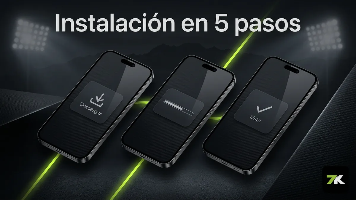 Secuencia de pantallas de celular mostrando la instalación paso a paso del APK de Bet7k en Chile