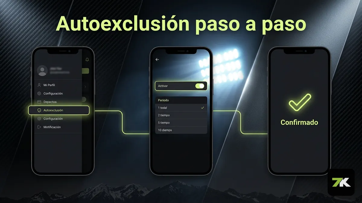 Secuencia de pantallas para activar la autoexclusión en la cuenta de Bet7k Chile