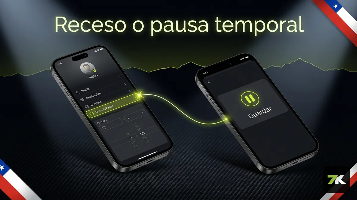 Pantallas para activar el Receso o pausa temporal de la cuenta en Bet7k Chile