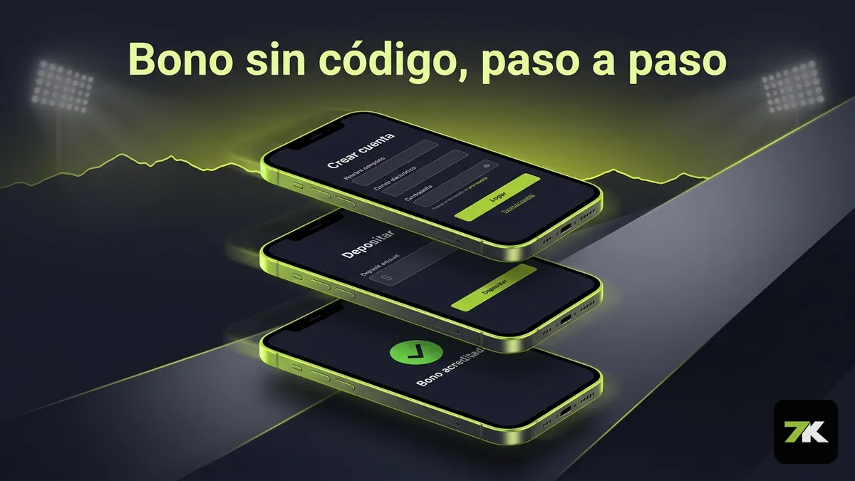 Tres pantallas de celular en español mostrando cómo activar el bono de Bet7k Chile sin código promocional, paso a paso